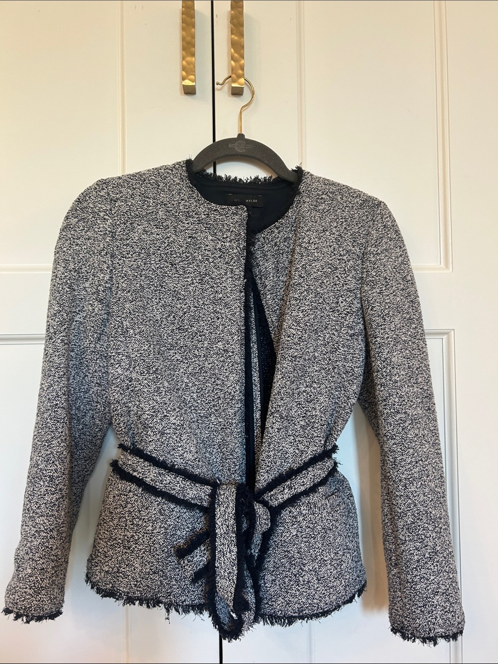 Frayed Trim Navy & White Tweed Belted Jacket